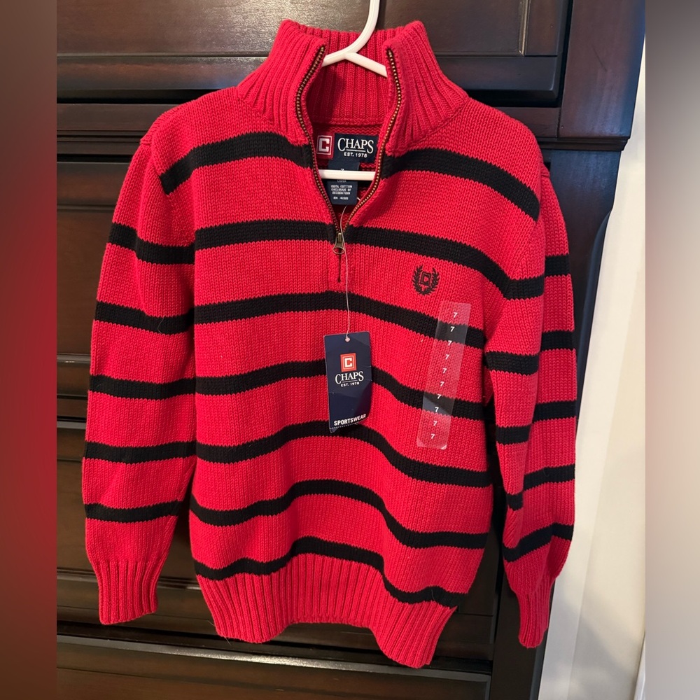 Chaps Boy’s Sweater in Red and Black Stripes